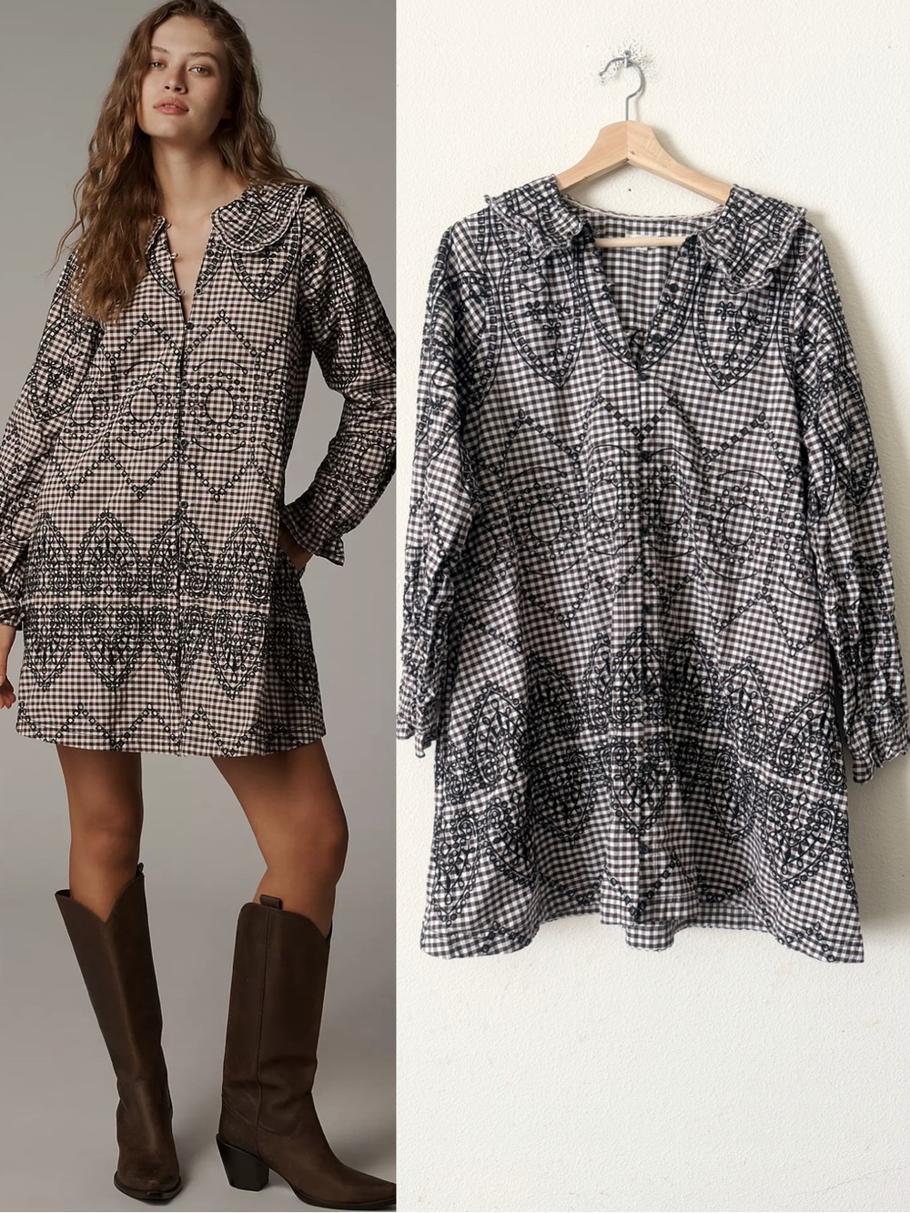 Anthropologie Pilcro XL Keira gingham long sleeve embroidered shirt mini dress